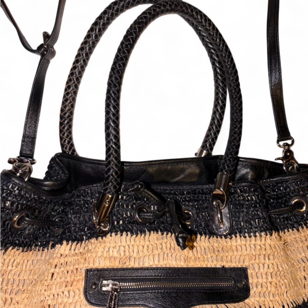 Rebecca Minkoff Straw Leather Satchel Black Tan Summer bag - Picture 3 of 7